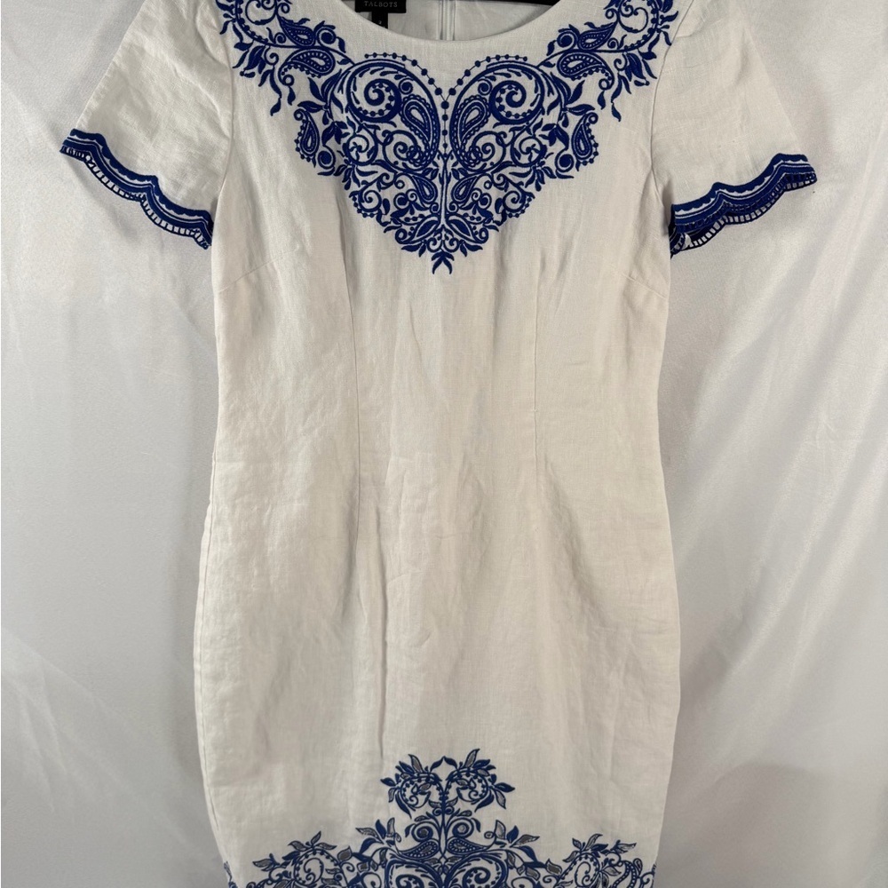 Talbots White Mini Dress with Blue Embroidery